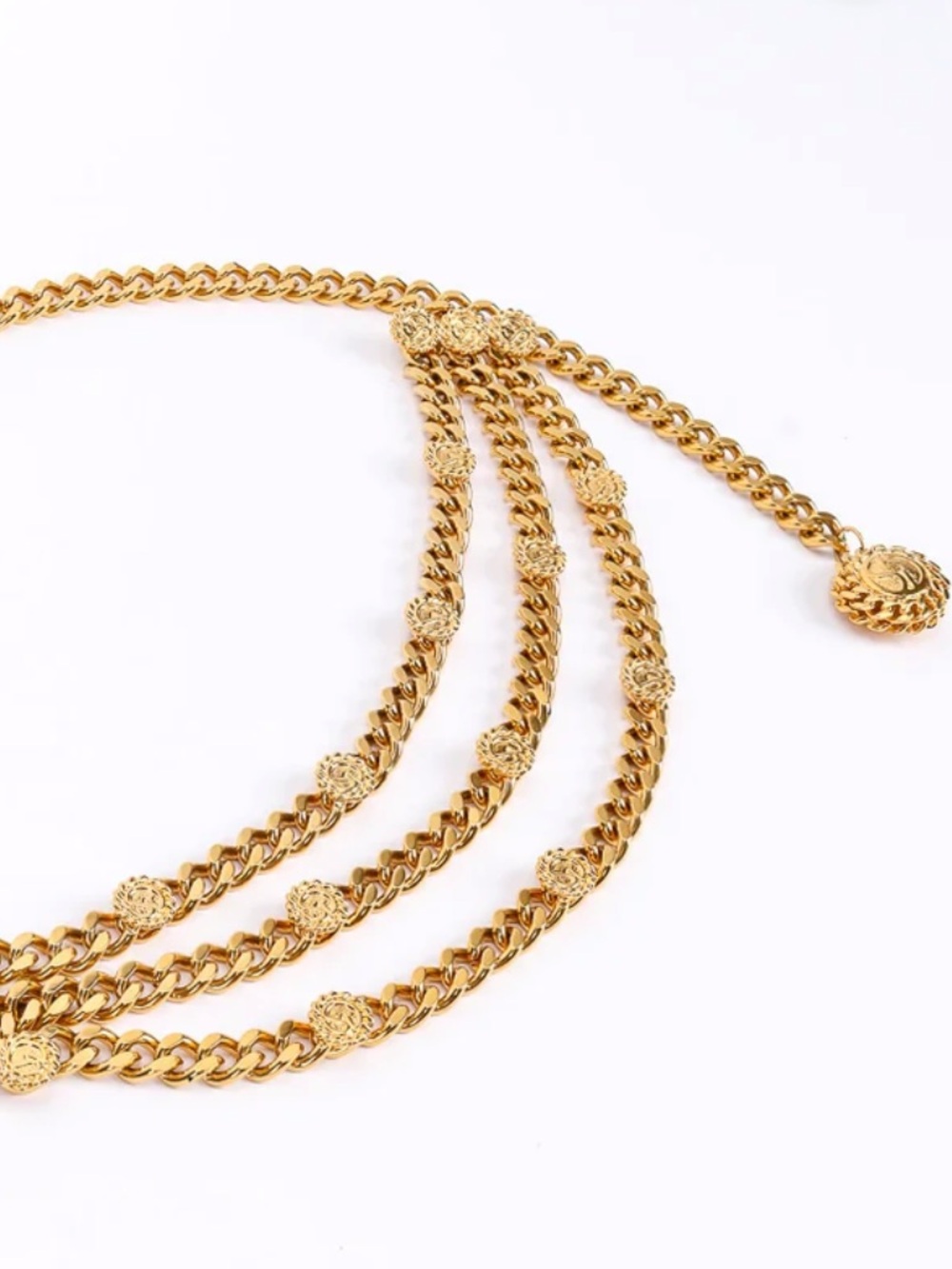 St. John Iconic Gold Triple-Drape Three-Strand Logo Medallion Chain Belt - Picture 10 of 15